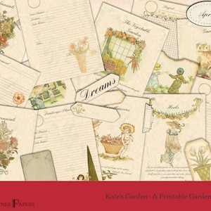 Pode incluir: Uma cole&ccedil;&atilde;o de p&aacute;ginas de planejador de jardim imprim&iacute;veis em estilo vintage. As p&aacute;ginas apresentam ilustra&ccedil;&otilde;es de flores, vegetais e cenas de jardim. O texto inclui "Anuais", "Perenes", "A Horta" e "8 de abril Planos de Jardim."