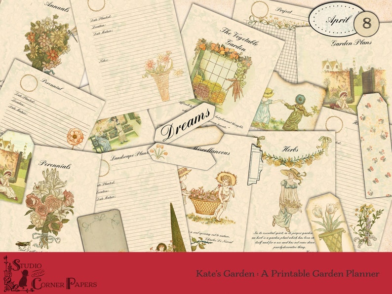 Pode incluir: Uma cole&ccedil;&atilde;o de p&aacute;ginas de planejador de jardim imprim&iacute;veis em estilo vintage. As p&aacute;ginas apresentam ilustra&ccedil;&otilde;es de flores, vegetais e cenas de jardim. O texto inclui "Anuais", "Perenes", "A Horta" e "8 de abril Planos de Jardim."