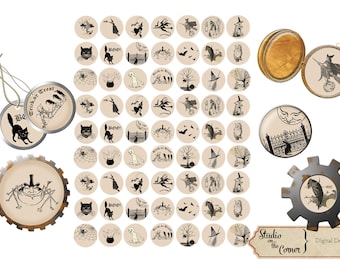 Vintage Halloween Circles, Bottle Cap Images (Digital Download)