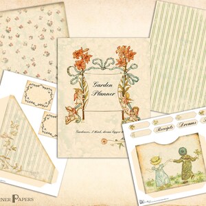 Pode incluir: Uma cole&ccedil;&atilde;o de pap&eacute;is decorativos em estilo vintage, incluindo um "Garden Planner" com ilustra&ccedil;&otilde;es florais e querubins. Outros elementos incluem pap&eacute;is estampados, etiquetas e um bolso com uma ilustra&ccedil;&atilde;o vintage de crian&ccedil;as.
