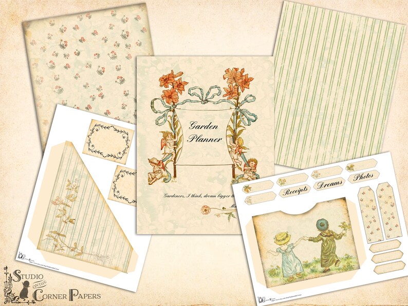 Pode incluir: Uma cole&ccedil;&atilde;o de pap&eacute;is decorativos em estilo vintage, incluindo um "Garden Planner" com ilustra&ccedil;&otilde;es florais e querubins. Outros elementos incluem pap&eacute;is estampados, etiquetas e um bolso com uma ilustra&ccedil;&atilde;o vintage de crian&ccedil;as.