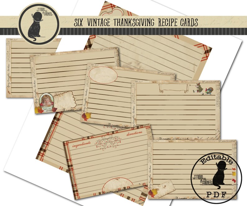 May include: Six vintage Thanksgiving recipe cards with a plaid background. The cards are blank and ready to be filled with your favorite recipes. The cards are editable and come in a PDF format.