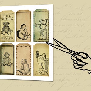 May include: Six vintage-style gift tags with a brown background and white borders. Each tag features a black and white illustration of a teddy bear. The top tag has the text "Child Stories" and "Burd & Son, Maldon Street".
