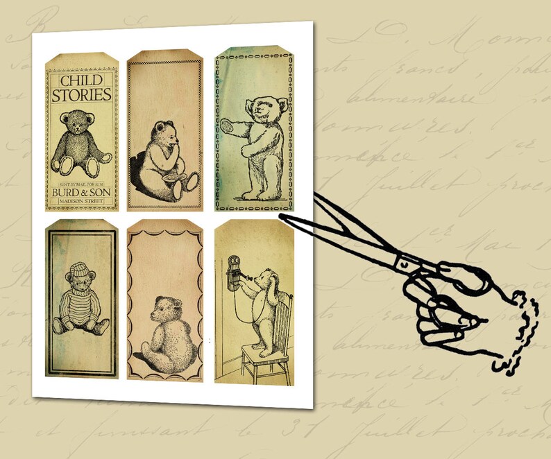 May include: Six vintage-style gift tags with a brown background and white borders. Each tag features a black and white illustration of a teddy bear. The top tag has the text "Child Stories" and "Burd & Son, Maldon Street".
