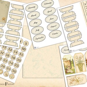 Pode incluir: Uma cole&ccedil;&atilde;o de p&aacute;ginas de planejador imprim&iacute;veis com uma est&eacute;tica vintage. Inclui etiquetas com meses, c&iacute;rculos numerados, etiquetas decorativas e etiquetas em forma de banner. O texto "Kate's Garden Planner" &eacute; vis&iacute;vel.