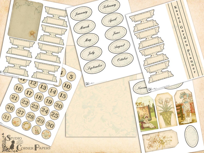 Pode incluir: Uma cole&ccedil;&atilde;o de p&aacute;ginas de planejador imprim&iacute;veis com uma est&eacute;tica vintage. Inclui etiquetas com meses, c&iacute;rculos numerados, etiquetas decorativas e etiquetas em forma de banner. O texto "Kate's Garden Planner" &eacute; vis&iacute;vel.