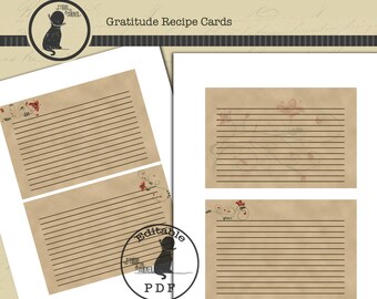 Printable Thanksgiving Recipe Cards, Thanksgiving Recipe Cards, Digital Recipe Cards, Gratitude Recipe Cards, Editable Recipe Cards, PDF