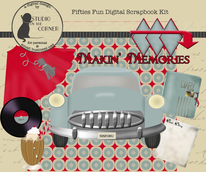 Digital Scrapbook Kit 1950s Fun, Retro Scrapbook Kit, Digital