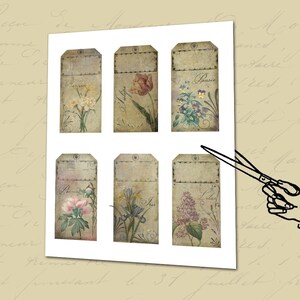 Pu&ograve; includere: Sei etichette regalo in stile vintage con illustrazioni floreali. Ogni etichetta presenta un fiore diverso, tra cui una viola del pensiero, un tulipano, un iris, un lill&agrave; e altri due fiori. Le etichette sono stampate su carta testurizzata con un aspetto invecchiato.