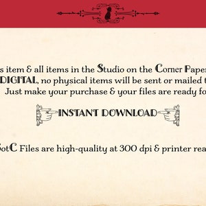 Pode incluir: An&uacute;ncio de download digital creme com borda vermelha. O texto diz: "Este item e todos os itens do Studio na loja Corner Papers s&atilde;o DIGITAIS, nenhum item f&iacute;sico ser&aacute; enviado ou enviado para voc&ecirc;. DOWNLOAD INSTANT&Acirc;NEO. Os arquivos SotC s&atilde;o de alta qualidade a 300 dpi e prontos para impress&atilde;o!"