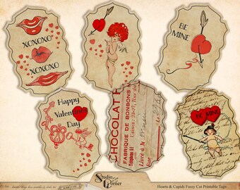 Printable Tags, Gift Tags, Valentine Tags, Vintage Valentine, Tags Printable, Cupid and Heart Tags, Instant Download, Journal Tags