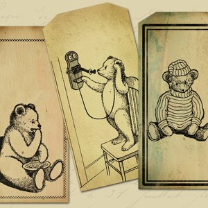 May include: Three vintage gift tags with illustrations of bears. The first tag features a bear eating a plate of food. The second tag shows a bear using a vintage phone. The third tag shows a bear wearing a striped sweater.