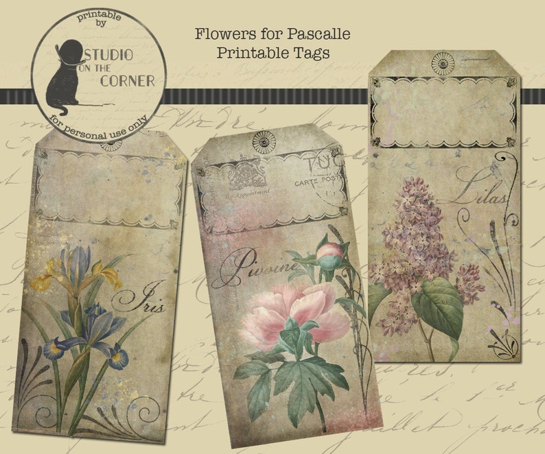 Pu&ograve; includere: Tre etichette regalo stampabili con illustrazioni floreali vintage. Le etichette sono rettangolari e hanno una texture di carta usurata e invecchiata. I fiori raffigurati sono iris, peonie e lill&agrave;. Il testo sulle etichette recita "Iris", "Pivoine" e "Lilas".
