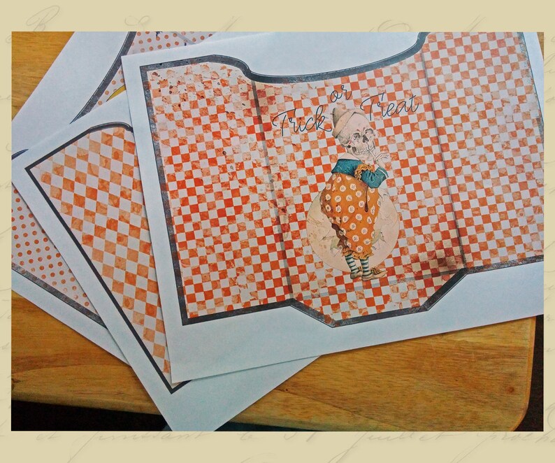 May include: Three printable Halloween treat bags with a checkered orange and white pattern. The center bag features a skeleton dressed as a jester with the text "Trick or Treat".