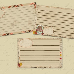 May include: Three vintage recipe cards with a fall theme. Each card has a blank space for writing a recipe title and lined spaces for writing the recipe instructions. The cards have a brown background with a plaid border and fall-themed illustrations.