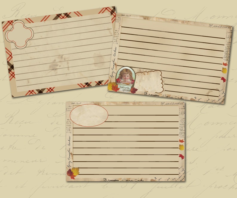 May include: Three vintage recipe cards with a fall theme. Each card has a blank space for writing a recipe title and lined spaces for writing the recipe instructions. The cards have a brown background with a plaid border and fall-themed illustrations.