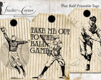 Play Ball Printable Gift Tags, Baseball Gift Tags, Gift Tags for Him, Vintage Baseball Tags, Instant Download