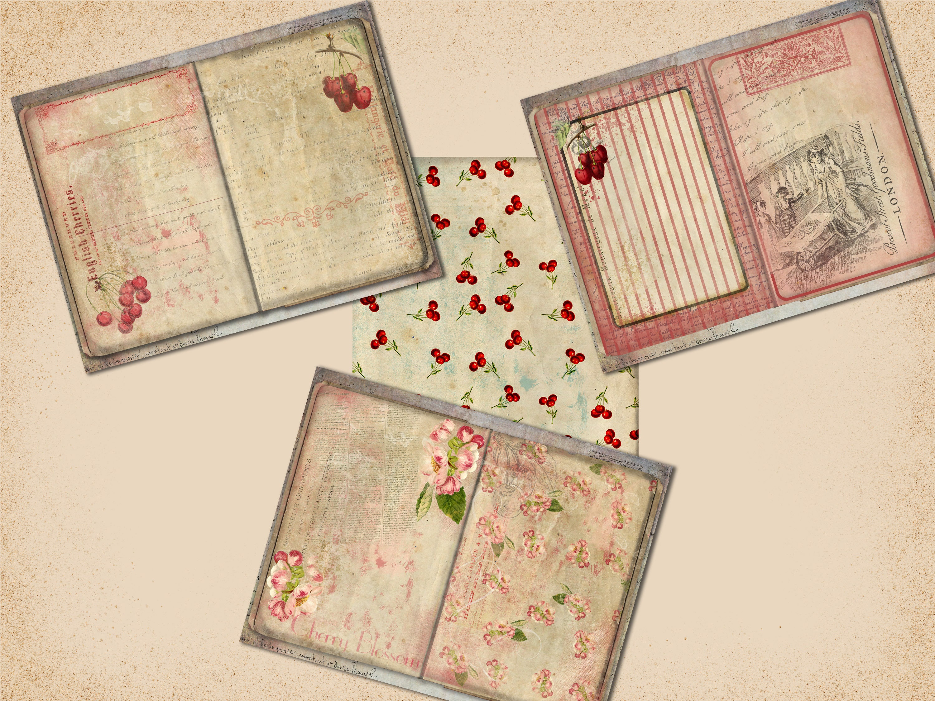 Printable Journal Kit, Printable Paper Kit, Cherries Jubilee Kit, Journal Pages Papers Ephemera ...