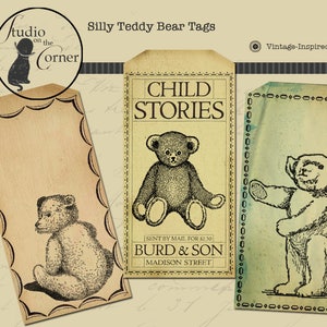 May include: Three vintage-style gift tags featuring teddy bears. The first tag is blank, the second tag has a teddy bear and the text "CHILD STORIES SENT BY MAIL FOR $2.50 BURD & SON MADISON STREET", and the third tag has a teddy bear and a decorative border.