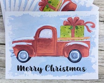 Set of 8, 10 or 20 Merry Christmas cards, Blank or YOUR message inside, Red Retro Vintage style truck, Season's Greetings, Holiday Cards