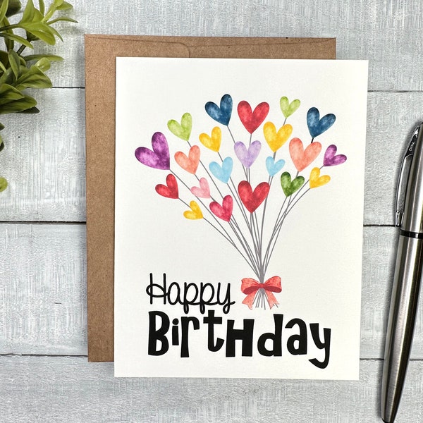 Birthday Card  | Blank or Your Personalized message inside | Colorful Heart Balloons | For sister, mom, wife, best friend, coworker, dad