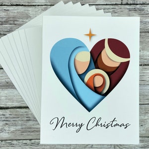 Set of Christmas Cards | Blank or Your Personalized message inside | Heart shaped Nativity | Baby Jesus, Mary and Joseph, Merry Christmas