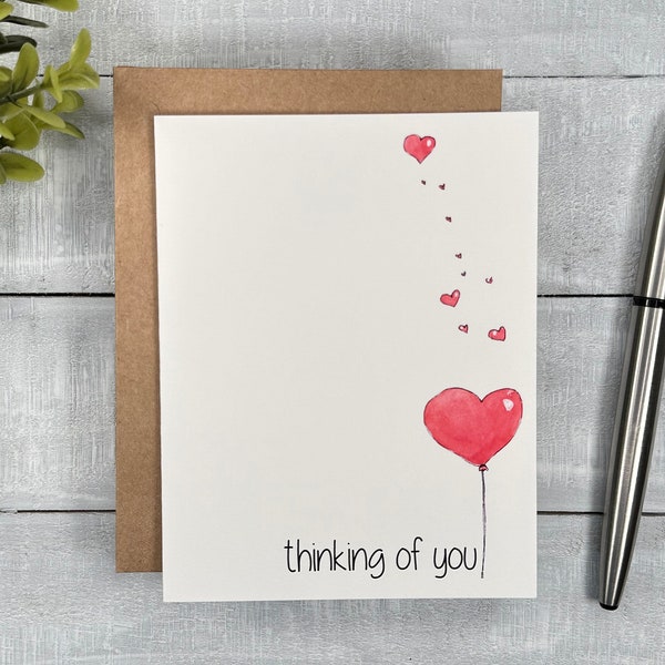 Thinking of You card | Blank or Your Personalized message inside | Cute heart balloon | for sister, mom, coworker, best friend, cousin, dad
