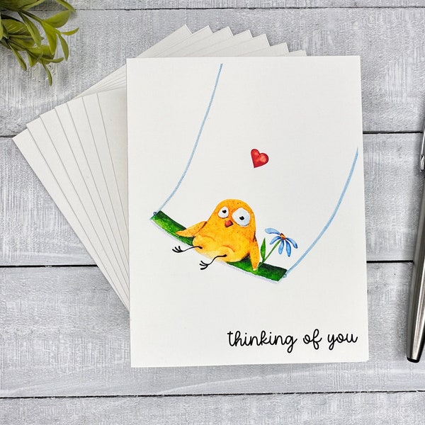 Set of Thinking of You cards | Blank or Your Personalized message inside | Chick/bird in a swing | Encouragement, Hang in there, Miss You