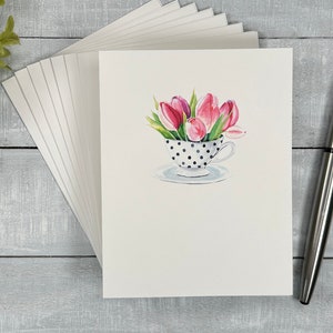 Set of Note Cards | Blank or Your Personalized Message Inside | Tulips in a teacup | For any occasion | gift idea for mom, grandma, sister