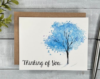 Thinking of You card | Blank or Your Personalized message inside | watercolor blue tree | Sympathy, Condolences, Encouragement