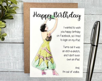 Funny Birthday card | Blank or Your Personalized message inside | quirky retro vintage style | For coworker, sister, best friend, AA Sponsor