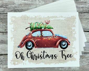 Set of Christmas cards | Blank or Your Personalized message inside | red Volkswagen VW Beetle Bug | Oh Christmas Tree holiday cards