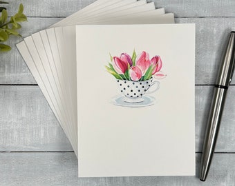 Set of Note Cards | Blank or Your Personalized Message Inside | Tulips in a teacup | For any occasion | gift idea for mom, grandma, sister