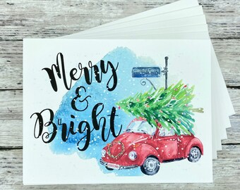 Set of Christmas Holiday Cards | Blank or Your Personalized message inside | Merry & Bright | Red Volkswagen VW Bug | Seasons Greetings