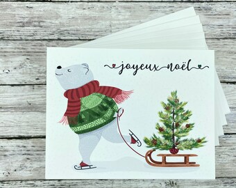 Set of Holiday Cards | Blank or Your Personalized message inside | Joyeux Noel Polar Bear | Merry Christmas Seasons Greetings Happy Holiday