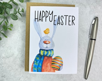 Easter Card | Blank or Your Personalized message inside | watercolor rabbit and chick | colorful and fun | for child, grandchild, mom, dad