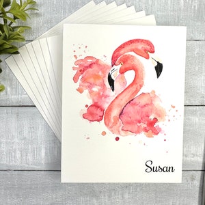 Personalized Note Cards with lovely watercolor Flamingos | Customize any name or saying | Blank inside or your custom message