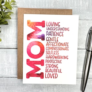 Mother's Day Card | Blank or Personalized inside message | Great list of a Mother's qualities | great for mom, stepmom, foster mom, grandma