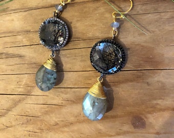 Labradorite and rutilated quartz earrings wrapped in gold wire