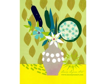 Arte moderno de mediados del siglo, ilustración botánica, impresión de flores, amarillo mostaza Aqua, collage de corte de papel, arte de pared floral, impresión de decoración del hogar