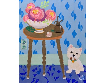 Blue Wall Art, Country Home Decor, Peonies Art, Floral Wall Art, Peony Still Life, Papercut Collage Art, Terrier Dog Art, Laura Lynne Art