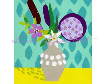 Arte moderno de mediados del siglo, vida quieta floral, impresión Giclee, ramo de flores, collage de corte de papel, ilustración botánica, arte de Laura Lynne