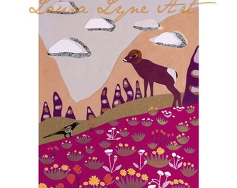 Arte Ram, arte de oveja Bighorn, ilustración de carnero, bebé Aries, guardería de la niña del bebé, decoración de la habitación de la niña, impresión Giclee, arte de la montaña, arte de Laura Lynne