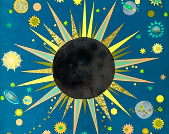 Eclipse Arte, Arte Eclipse Solar, Arte Científico, Cartel de Ciencia, Pintura Eclipse, Impresión Eclipse, Arte de vivero, Collage De Papel, Arte Laura Lynne