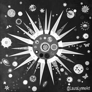 Black and White Art,  Sun Decor, Sun Design, Sun Wall Art, Science Astronomy Gift, Sun and Planets Art, Paper Collage Print, Laura Lynne Art