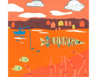 Muskellunge pescado, arte de la cueva del hombre, arte de la almohadilla de grado, vida del lago, pesca almizclera, arte de almizcle, decoración de la cabina, pescador almizclero, regalo de la pesca, impresión