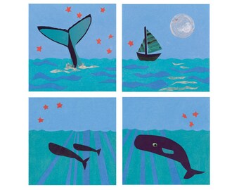 Nauticual Art, Whale Art, Giclee Print Set, Sailing Art, Sailing Decor, Sailboat Print, Baby Boy Nursery, Blue Nursery Decor, Laura Lynne