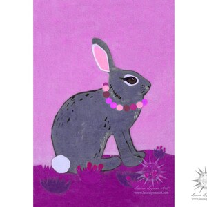 Conejito conejo arte de la pared, decoración de los niños, decoración de los niños, regalo de Pascua, decoración de la habitación de la niña, arte púrpura, arte dulce lindo, impresión bonita, Laura Lynne arte