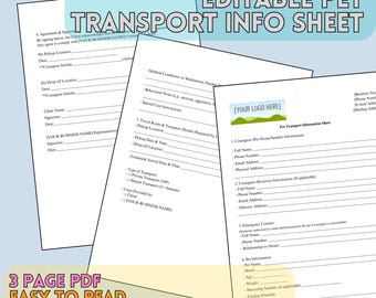 Bearbeitbares Informationsblatt zum Transport von Haustieren - Haustier- / Reise- / Besitzerinformationen Tiertransportdokument Professionelles einfaches Format 3-seitiges PDF