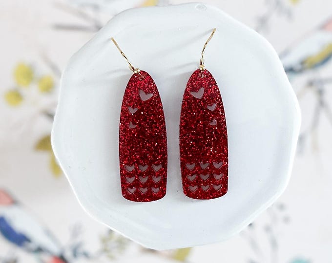 Red Glitter Heart Bar Earrings